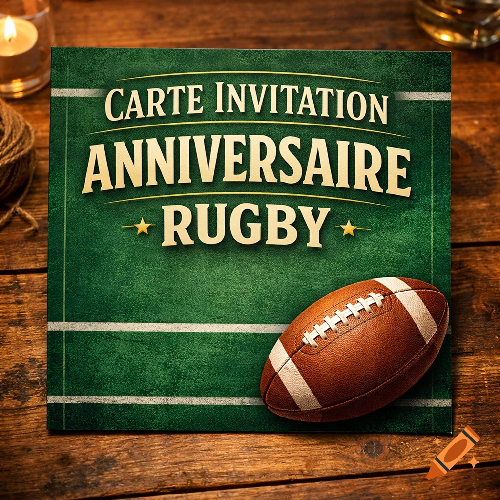 Rugby-themed birthday invitation card on a wooden table with a rugby ball, candles, and twine.