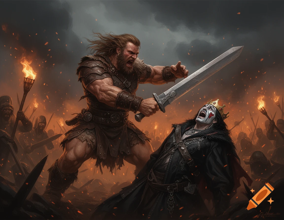 A fierce barbarian raises a sword over a dramatic king on a fiery battlefield, surrounded by warriors. Fantasy art style.