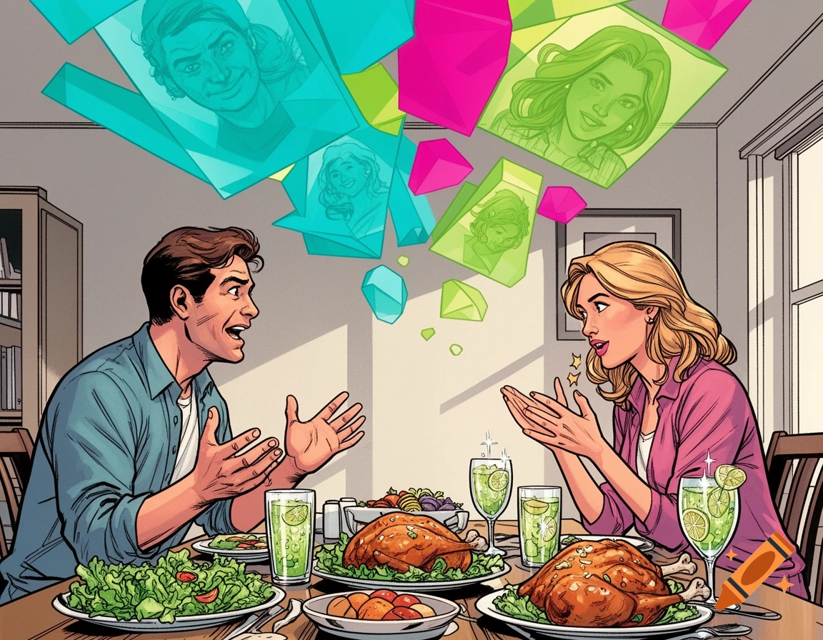 Comic book panel of a man and woman dining, talking, with colorful geometric shapes projecting images above them.