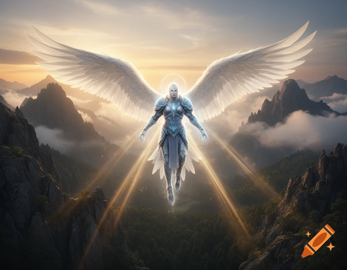 An armored, white-winged angel with a glowing halo floats above a vast mountainous landscape bathed in golden light.