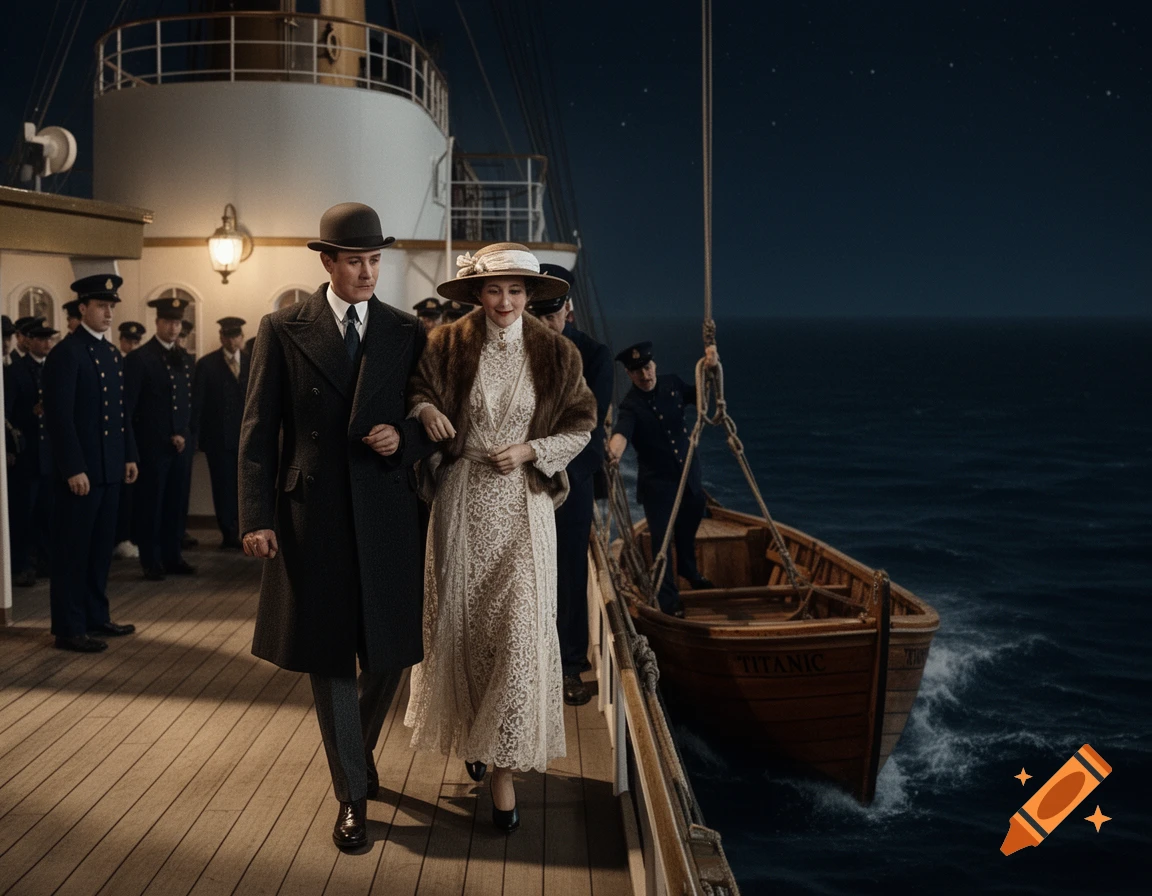 A man and woman in early 20th-century attire walk on a ship's deck at night, with a lifeboat named 'TITANIC' being lowered into the dark ocean.