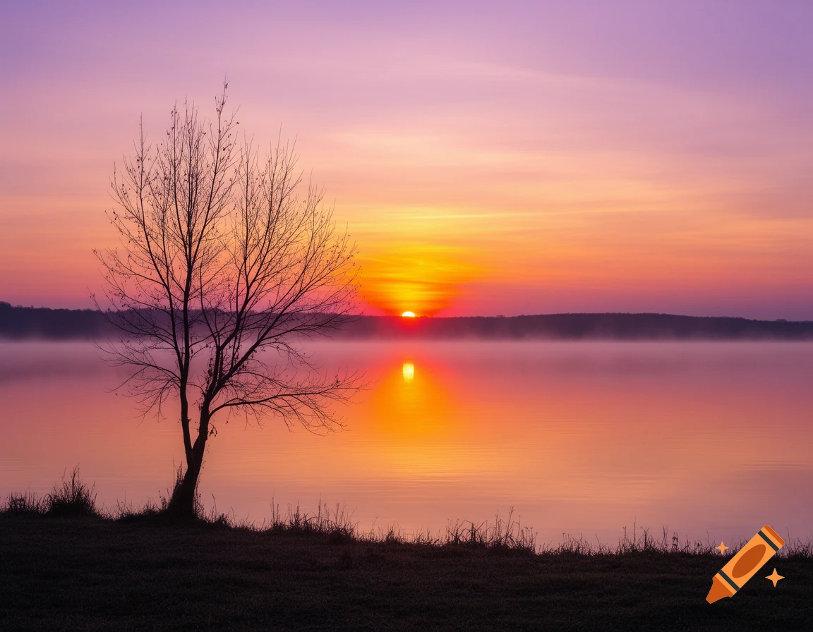 Photorealistic sunrise over a misty lake, with a bare tree silhouetted against a vibrant orange and purple sky.