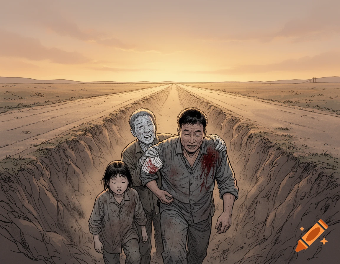 A graphic novel style illustration of a refugee family, including an injured man, walking in a roadside ditch at dawn.