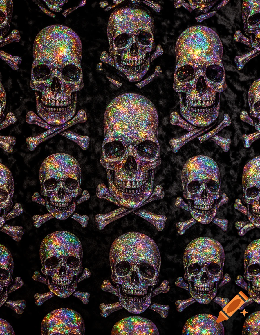 A repeating pattern of iridescent glitter skulls and crossbones on a dark, textured background.