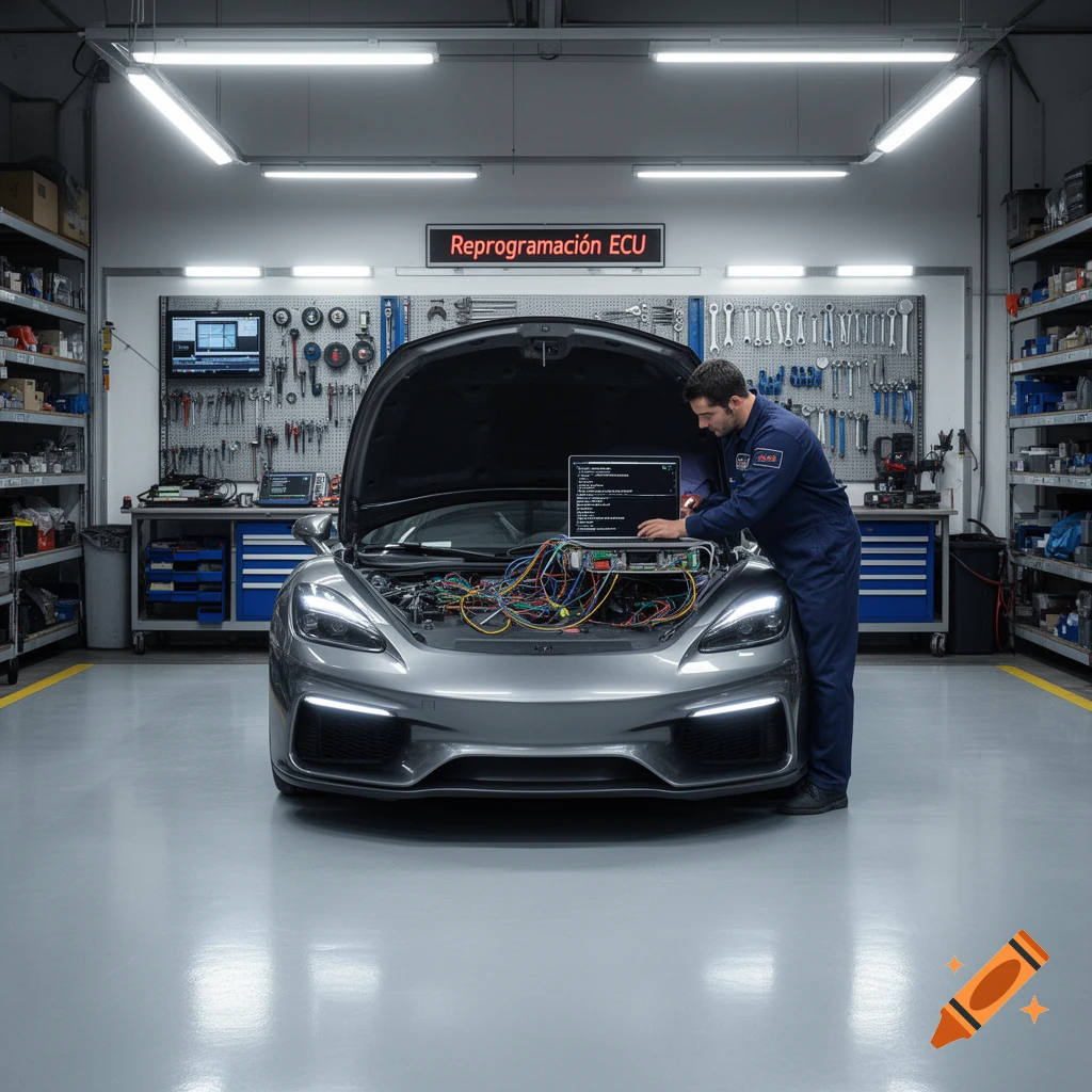 A photorealistic image of a mechanic in a garage using a laptop to reprogram the ECU of a gray sports car with its hood open.