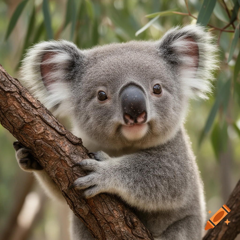 A fluffy koala sits in a eucalyptus tree, looking directly at the viewer with big black eyes.