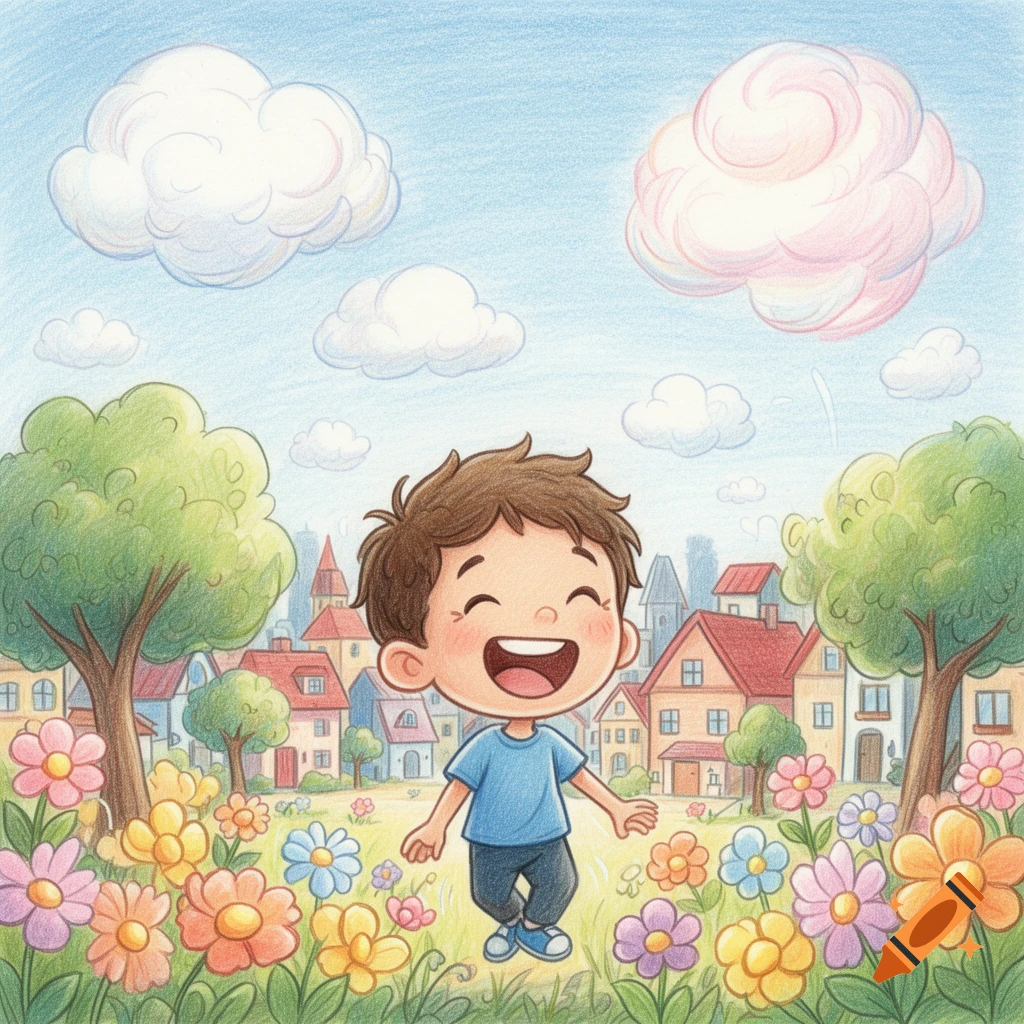 A happy boy with brown hair, wearing a blue shirt, jumps in a field of colorful flowers with houses and trees in the background, in a colored pencil style.