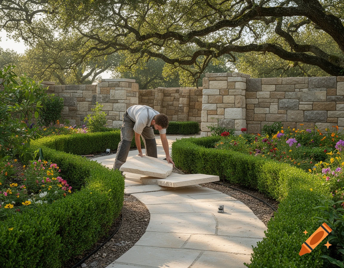 A man lays flagstones on a curved path in a meticulously landscaped garden, surrounded by green hedges, colorful flowers, and a stone wall under large trees.