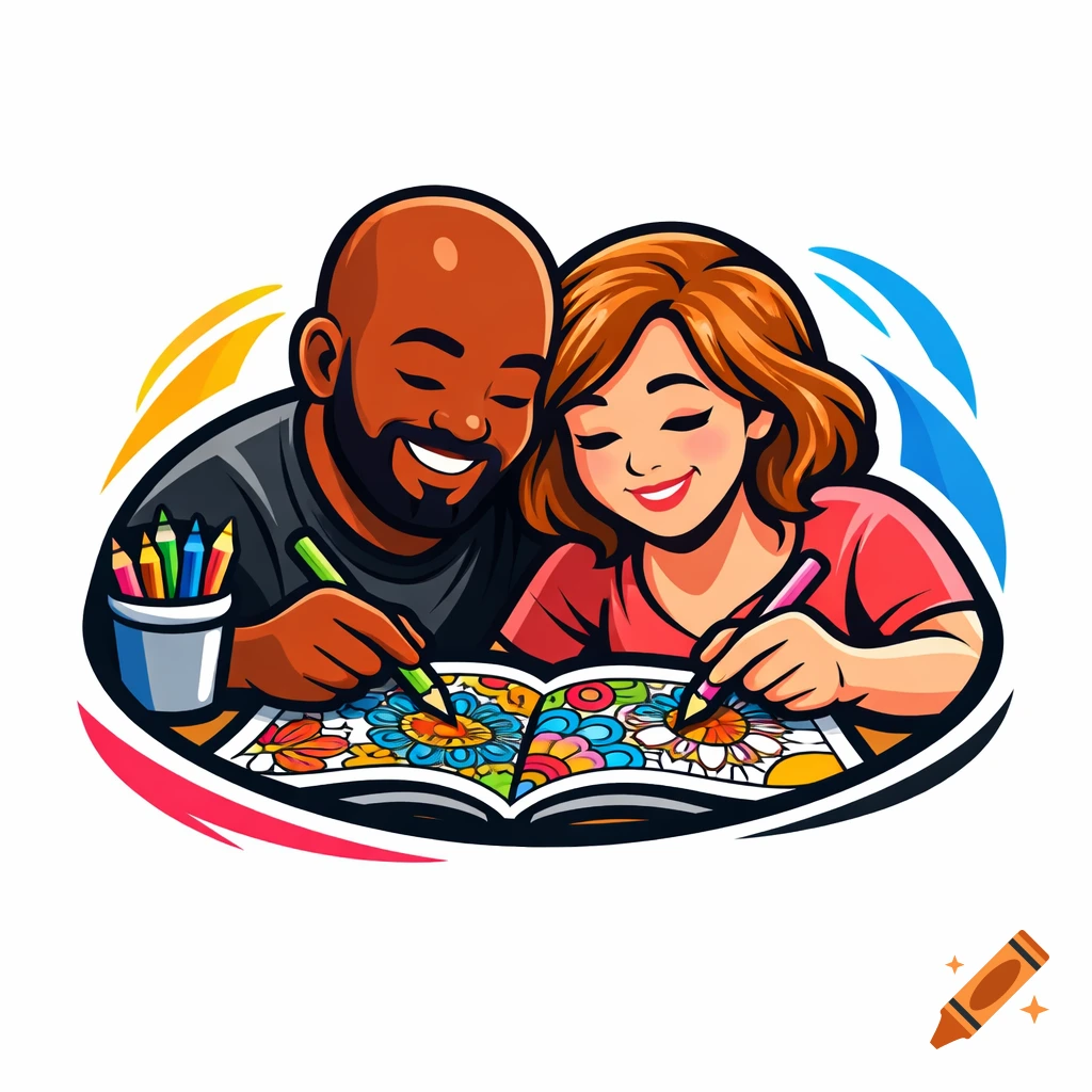 A cartoon illustration of a diverse couple happily coloring a flower book together.