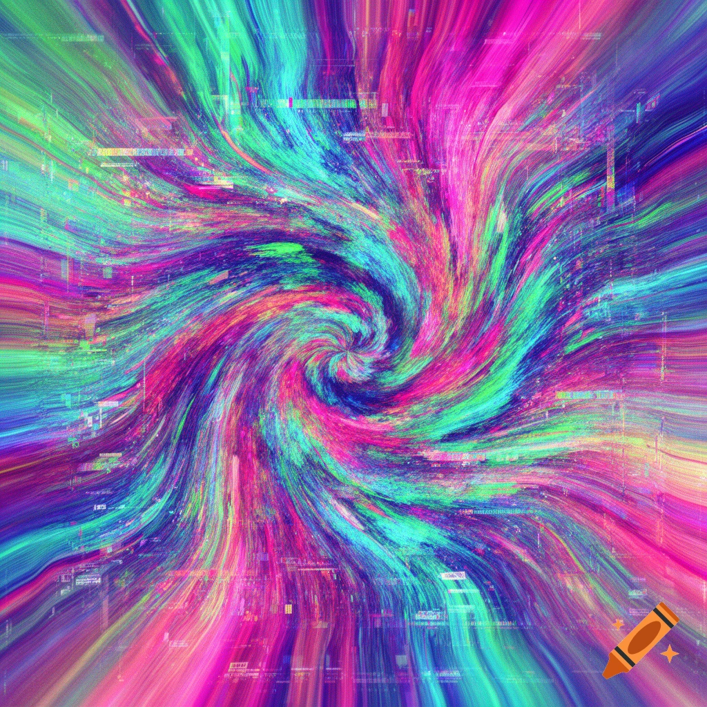 A vibrant, swirling vortex of pink, blue, green, and purple colors with subtle digital glitch effects.