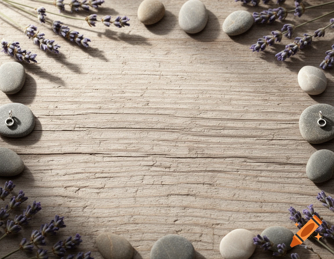 Top-down view of a light wooden table with river stones, dried lavender, and silver charms arranged around a clear center.