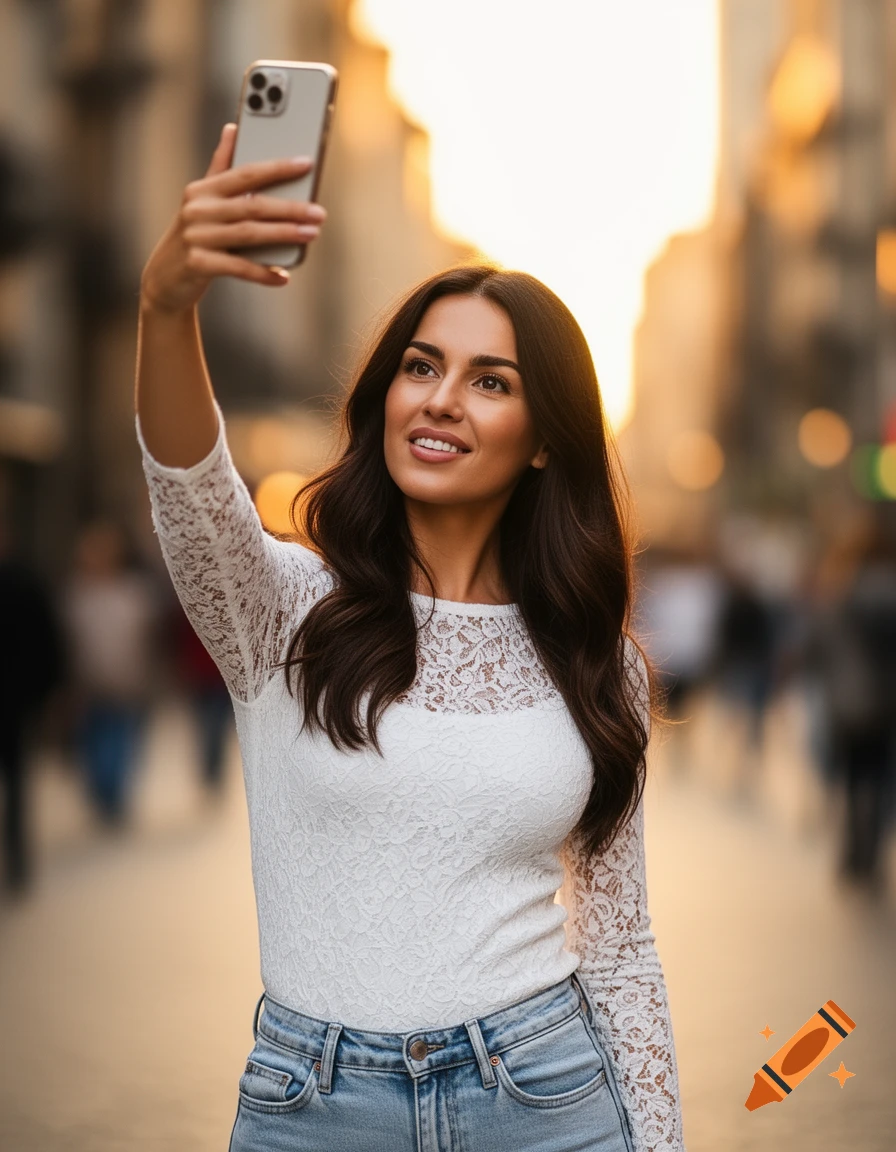 A smiling brunette woman in a white lace top and jeans takes a selfie with a phone on a sunny city street.