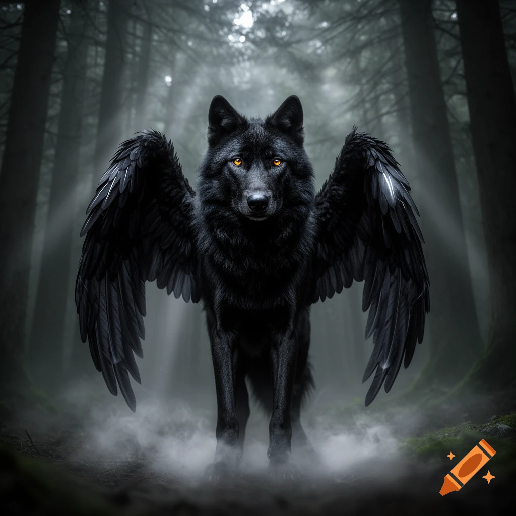 A majestic black wolf with large, dark feathered wings stands in a misty, dark forest, its amber eyes glowing.