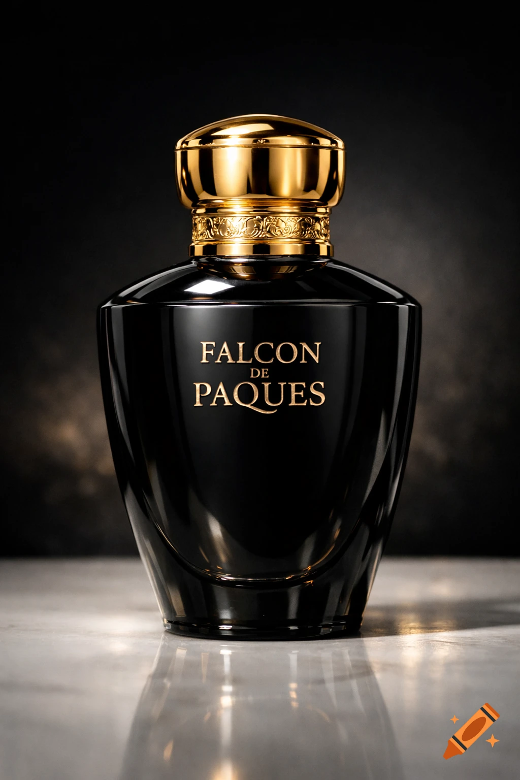 A photorealistic black glass perfume bottle with a gold ornate cap, labeled 'FALCON DE PAQUES', reflecting on a marble surface.