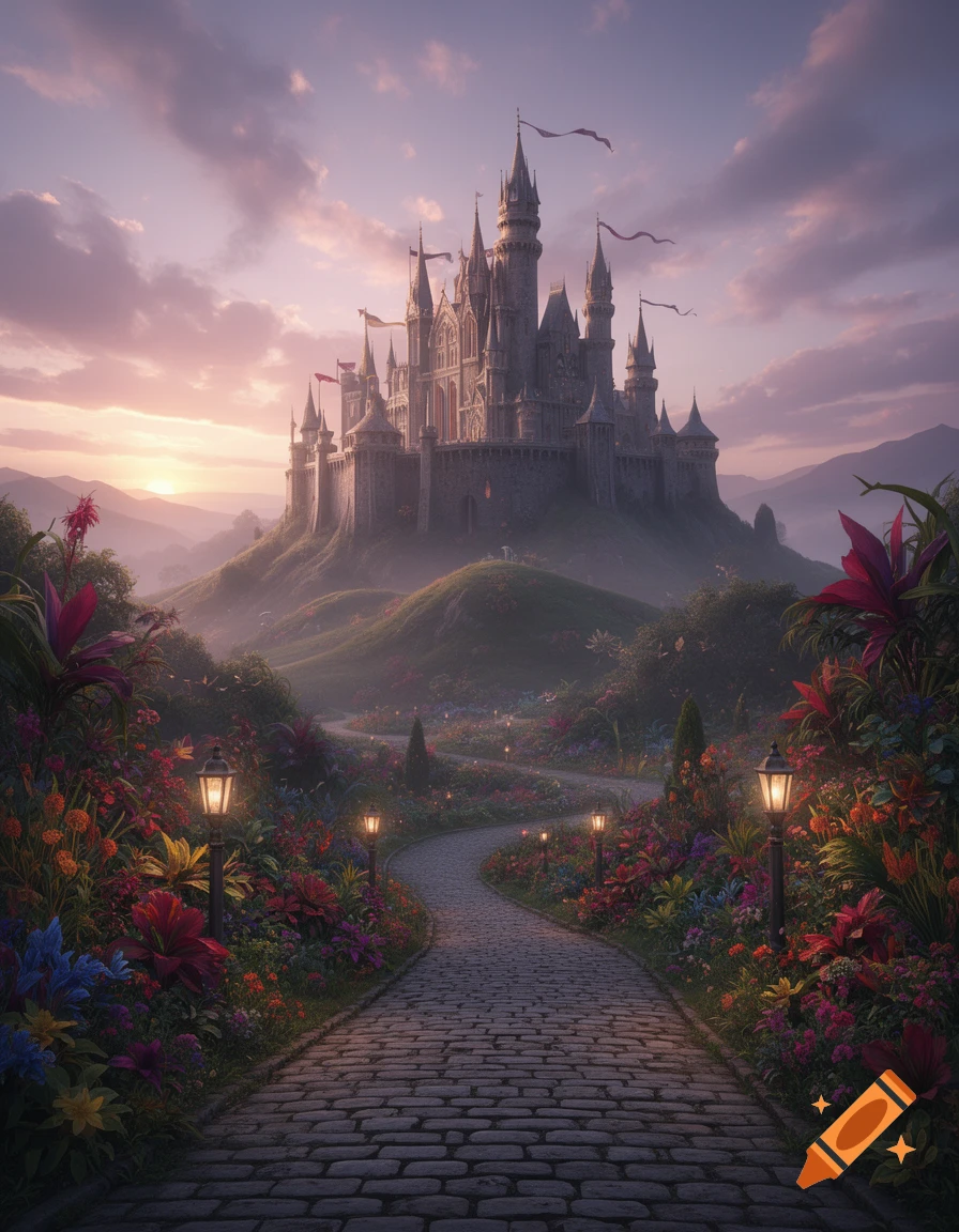 A majestic fantasy castle stands on a hill at sunrise, with a winding cobblestone path leading through vibrant, illuminated gardens.