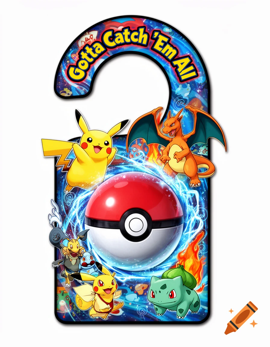 A colorful Pokemon-themed door hanger featuring Pikachu, Charizard, Bulbasaur, a Pokeball, and other Pokemon, with text "Gotta Catch 'Em All".