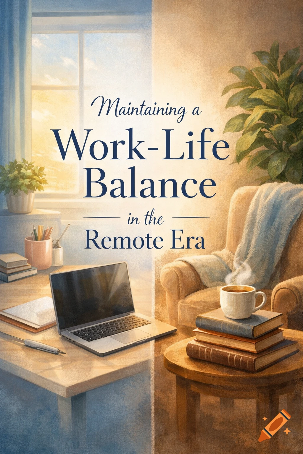 Illustrative image showing a split scene of a sunlit work desk with a laptop and a cozy reading nook with books and a steaming mug, titled 'Maintaining a Work-Life Balance in the Remote Era'.