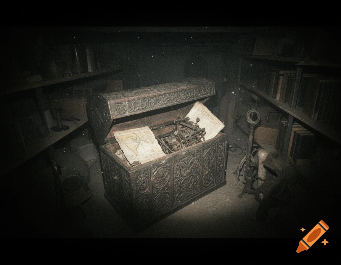 An ornate open wooden treasure chest containing an old map and gears, illuminated by a flash in a dark, dusty room with shelves.