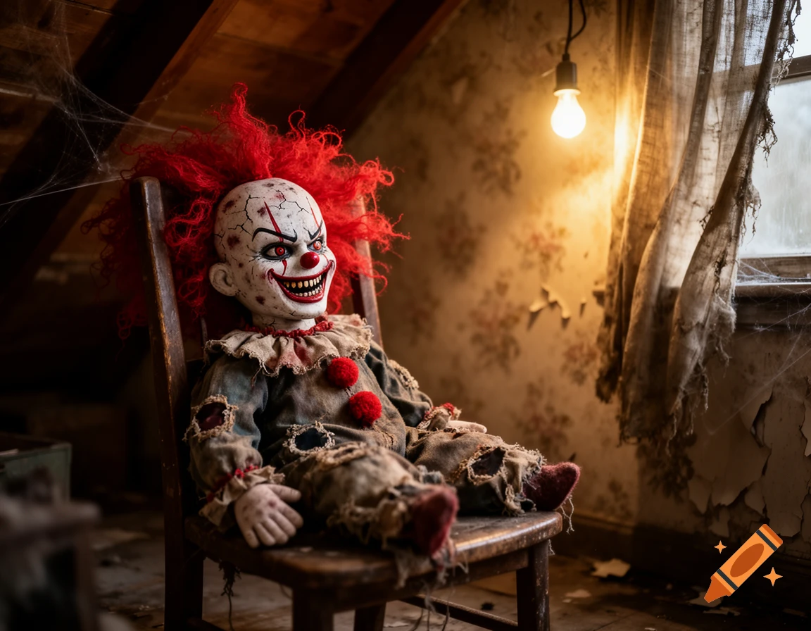 Photorealistic image of a creepy, raggedy clown doll with red hair and a menacing smile, sitting in a dusty, abandoned attic.
