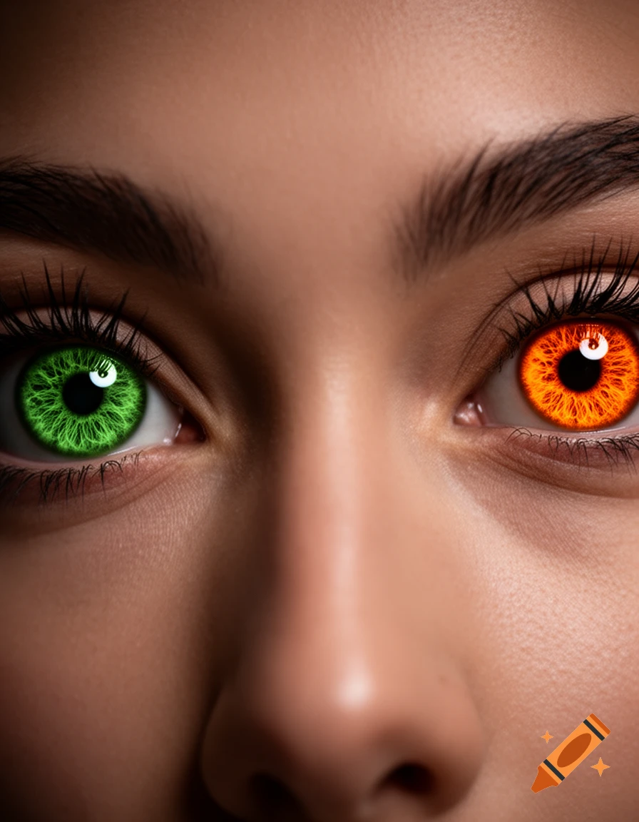 Close-up of a person's face with one vivid green eye and one glowing orange eye.