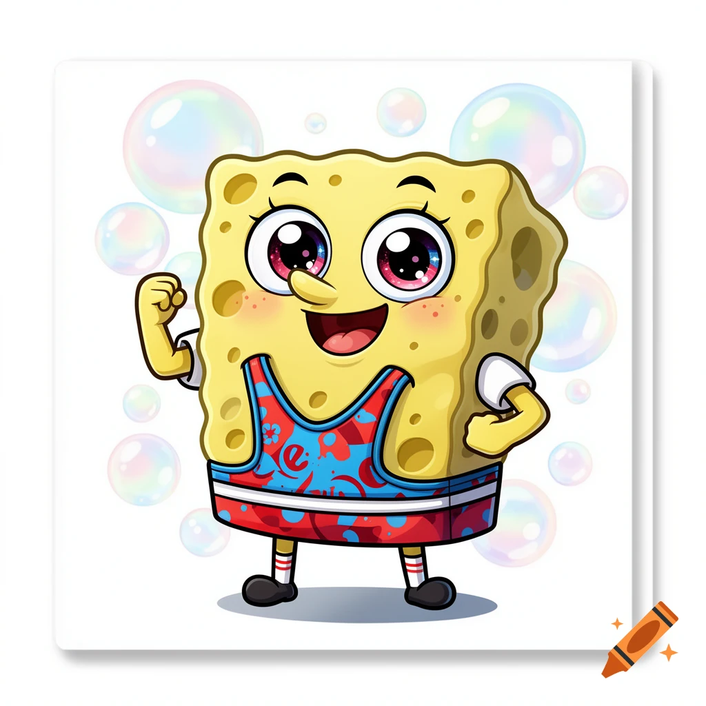 A cute, smiling cartoon character resembling SpongeBob SquarePants, wearing a blue and red wrestling singlet, flexing against a white background with bubbles.