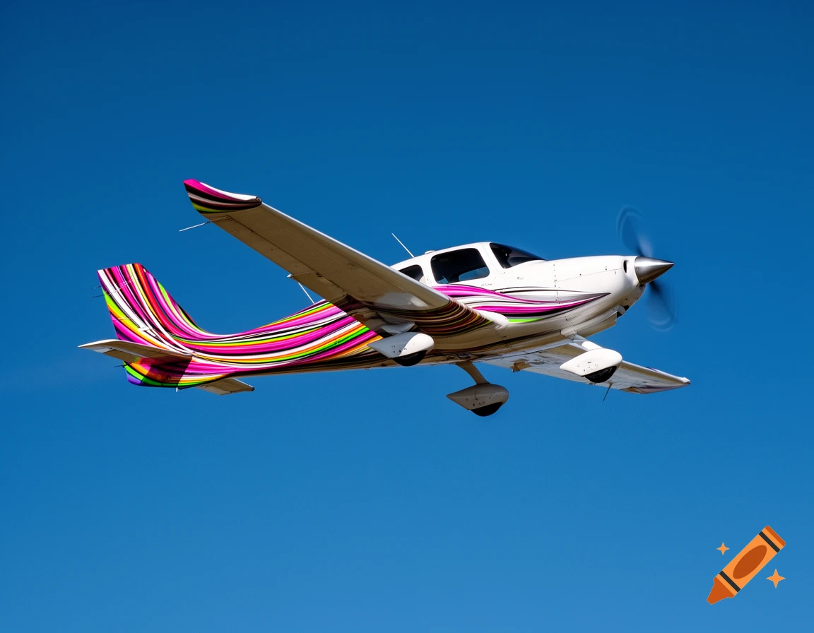White Cirrus SR22 airplane with a colorful striped tail flying against a clear blue sky.