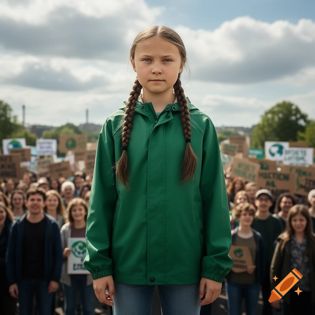 A young girl resembling Greta Thunberg stands in a green raincoat before a crowd holding climate protest signs under a cloudy sky.