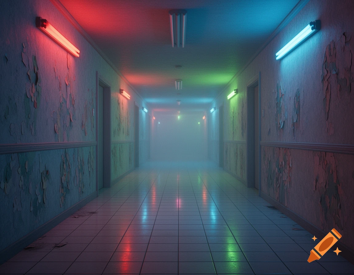 Long, symmetrical hallway with peeling walls, tiled floor, and colorful red, blue, and green neon lights reflected in fog.