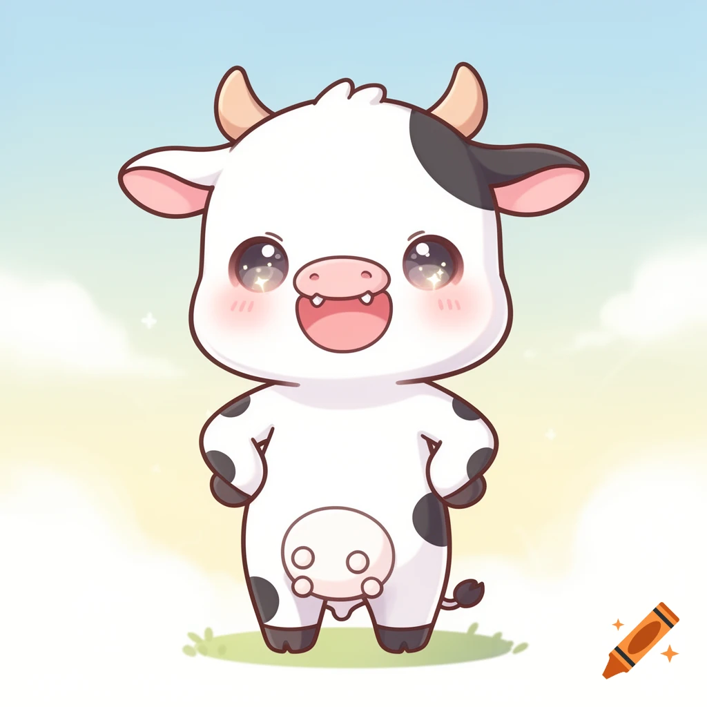 A cute, happy chibi cartoon cow with black spots stands bipedally, hands on hips, smiling, against a light blue and yellow sky.