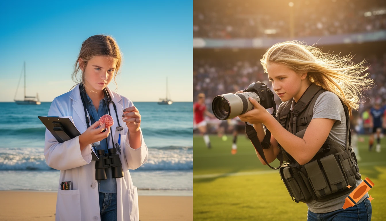 Split image of a blonde girl: a marine biologist on a beach and a sports photographer at a stadium.