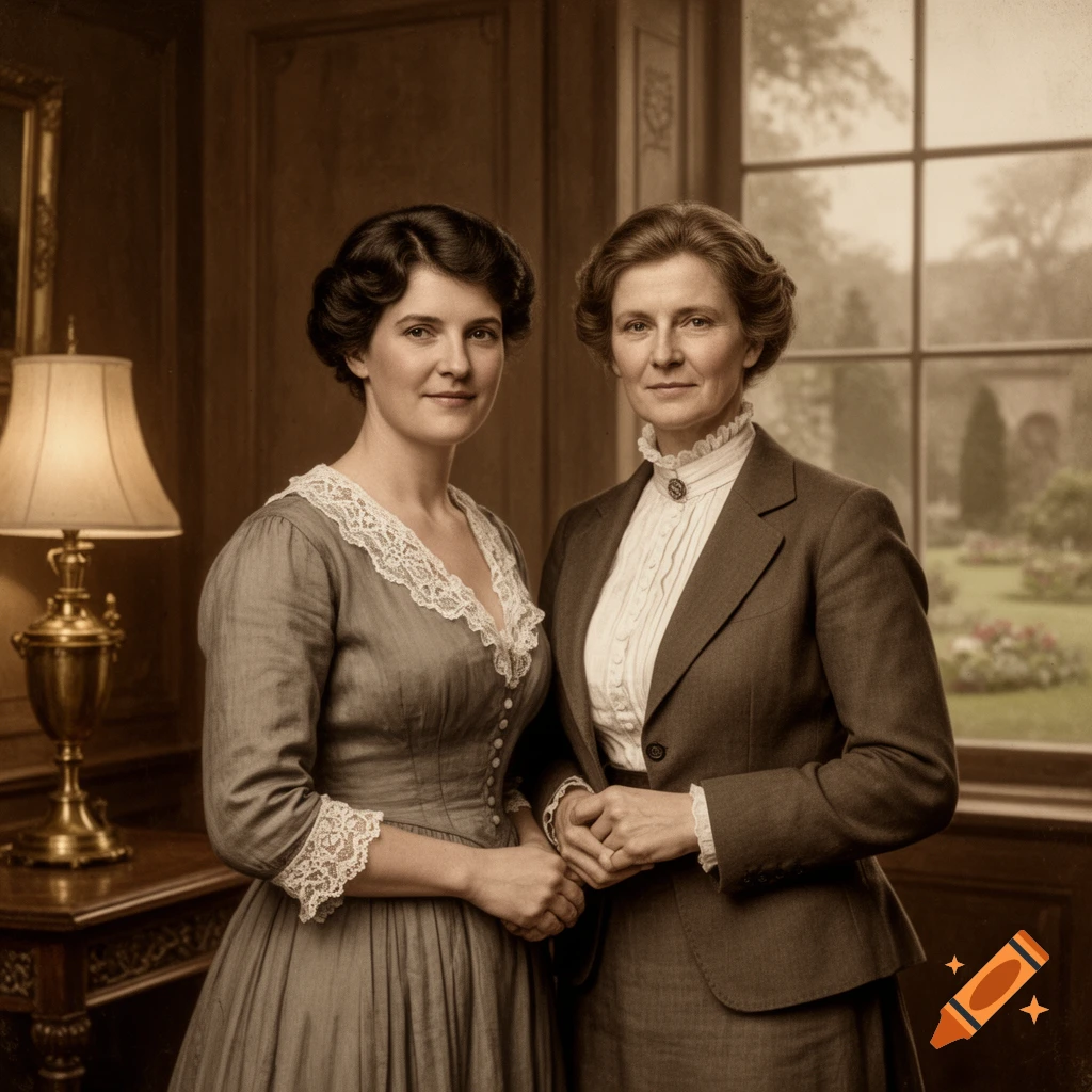 A sepia-toned photorealistic portrait of two women in vintage early 20th-century attire standing inside a grand room with a garden view.
