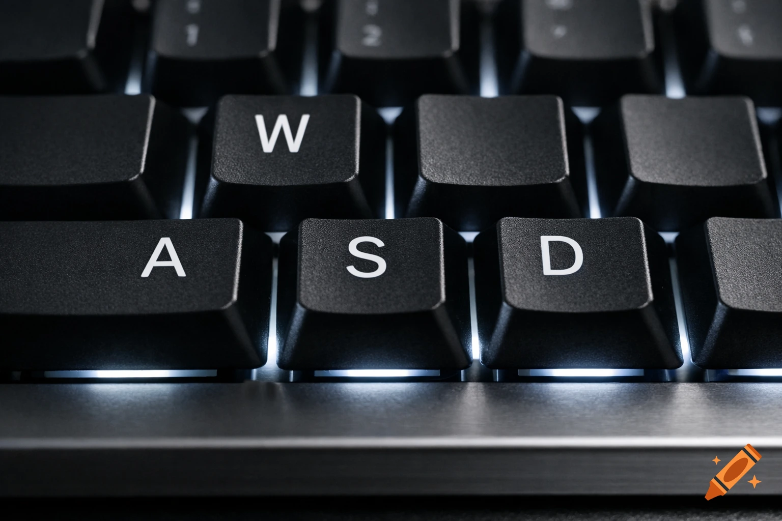Close-up of a backlit black mechanical keyboard showing the WASD keys.