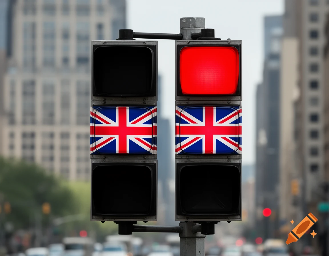 A traffic light pole in a blurred city scene, with a red light and the Union Jack flag on the signals.