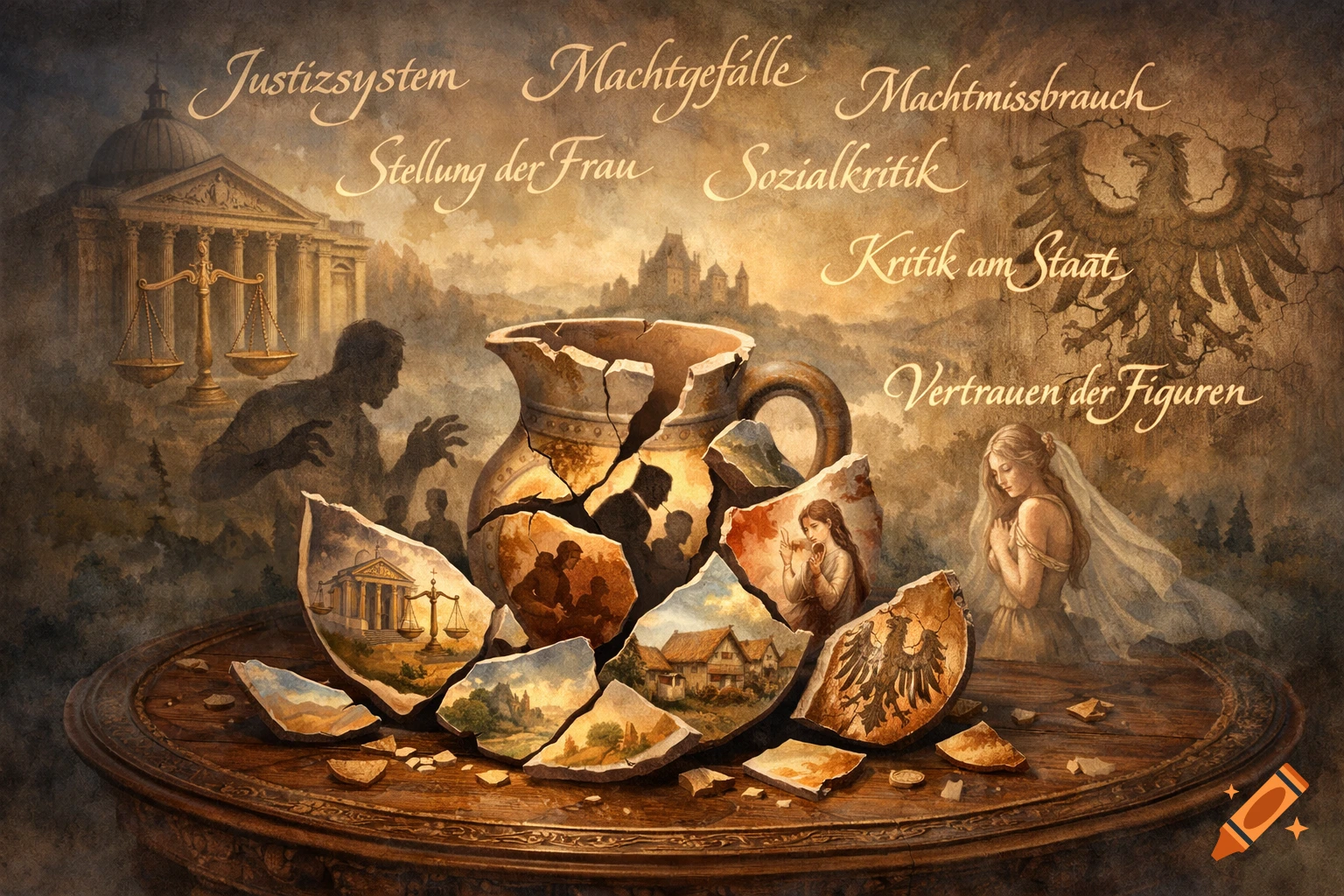 An allegorical painting with a broken pot on a wooden table, revealing scenes of justice, society, and an eagle. German phrases are written above.