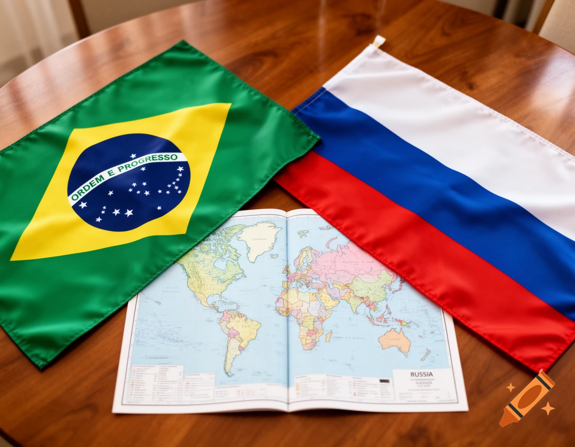 Brazilian and Russian flags laid on a wooden table with an open world map spread between them, showing continental outlines and country names.