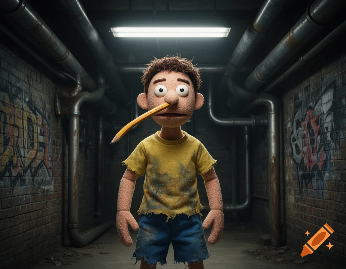 A puppet with a pencil stuck in its nose stands in a dark, graffiti-covered alley.