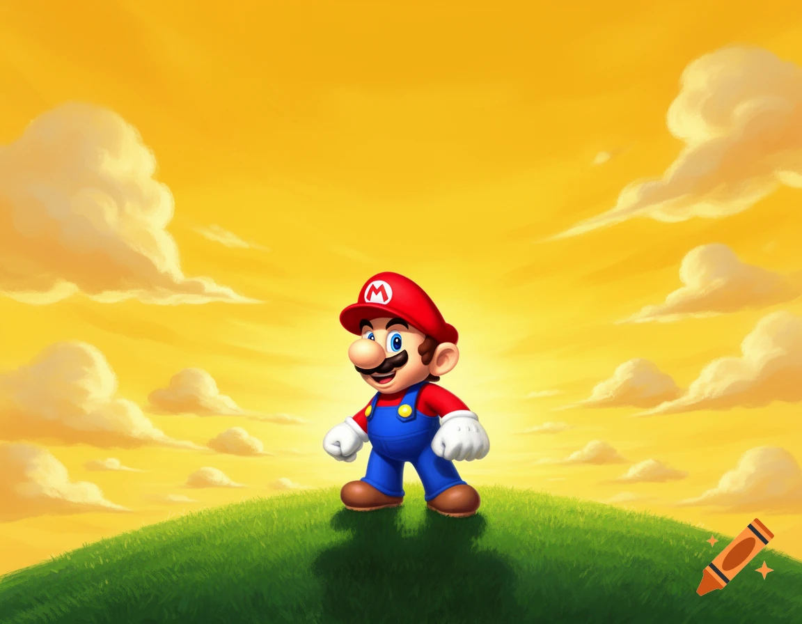 Mario stands smiling on a green grassy hill under a bright yellow sky with fluffy white clouds.