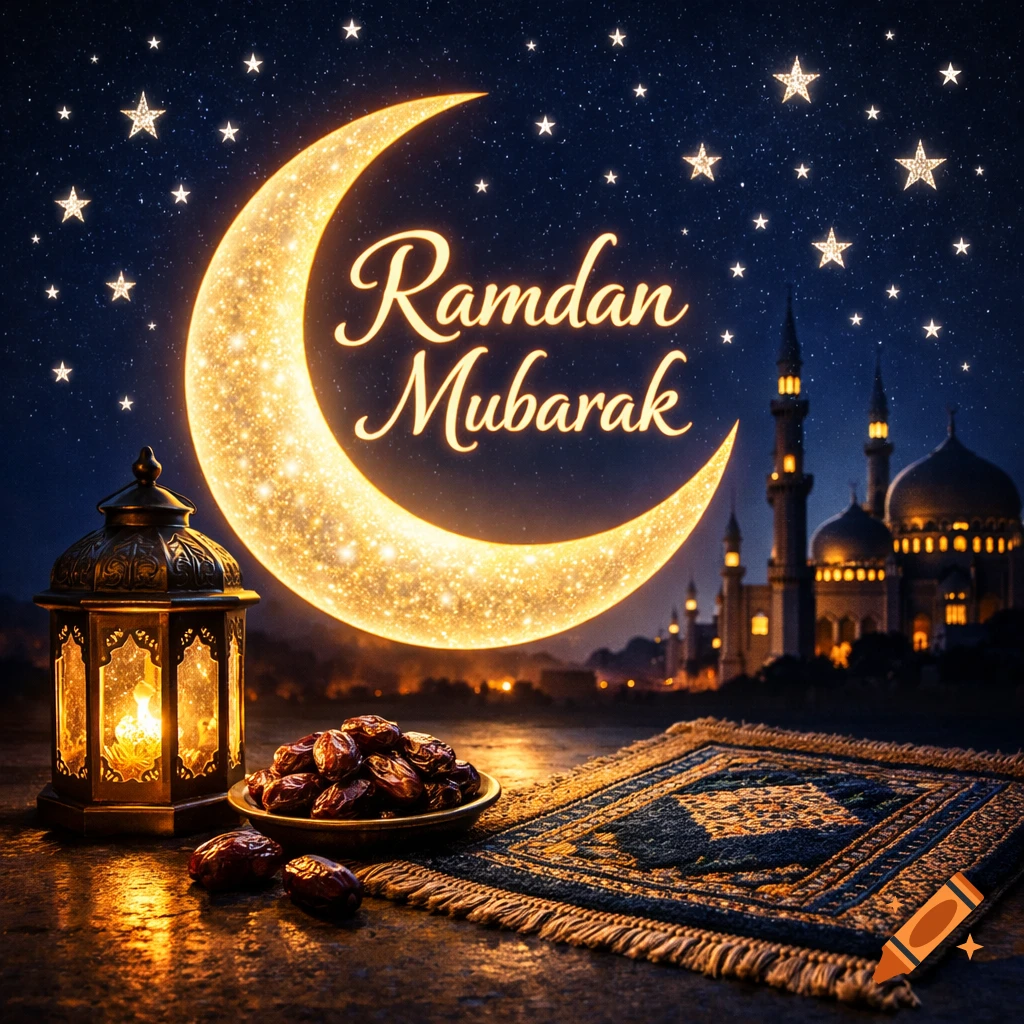 A festive Ramdan Mubarak scene with a glowing crescent moon, stars, mosque, lantern, dates, and prayer mat at night.
