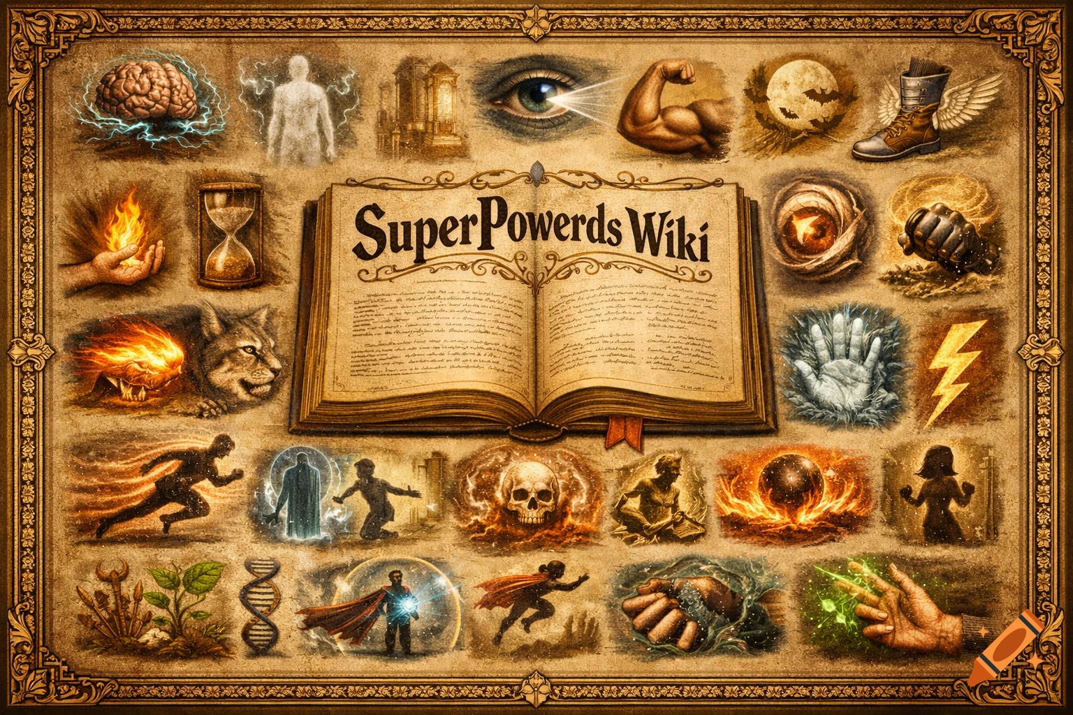 An antique-style collage of superpower symbols surrounding an open book titled 'SuperPowerds Wiki'. Symbols include a brain with lightning, an invisible person, a strong arm, a winged boot, a moon with bats, a burning hand, an hourglass, a roaring creature with fire, a fist, a frozen hand, a lightning bolt, a running silhouette, a person with an aura, a skull engulfed in fire, a person reading, a glowing orb, a DNA strand, a person flying with a cape, and a hand with green energy.