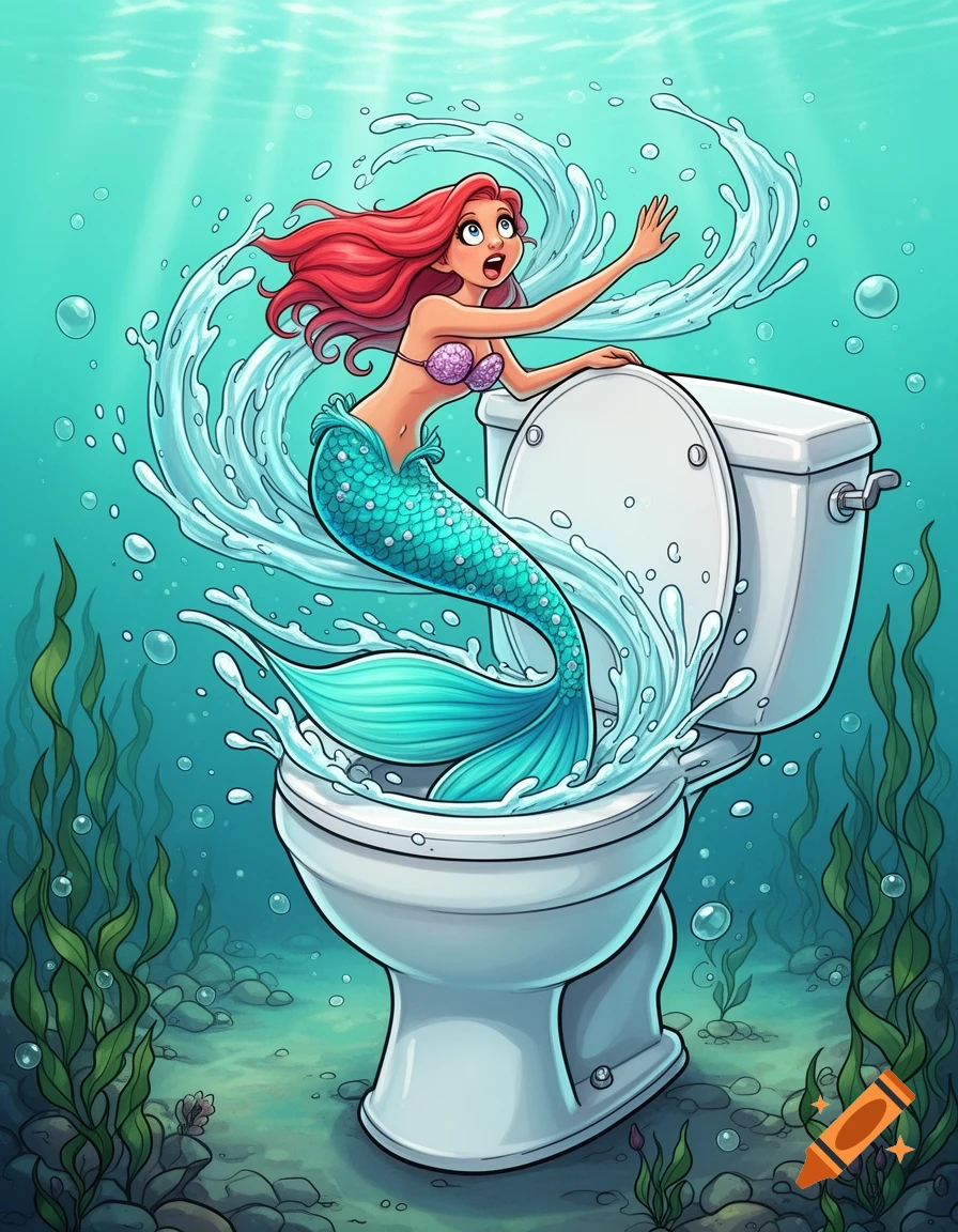 Cartoon illustration of a mermaid with red hair and a teal tail splashing out of a toilet underwater.