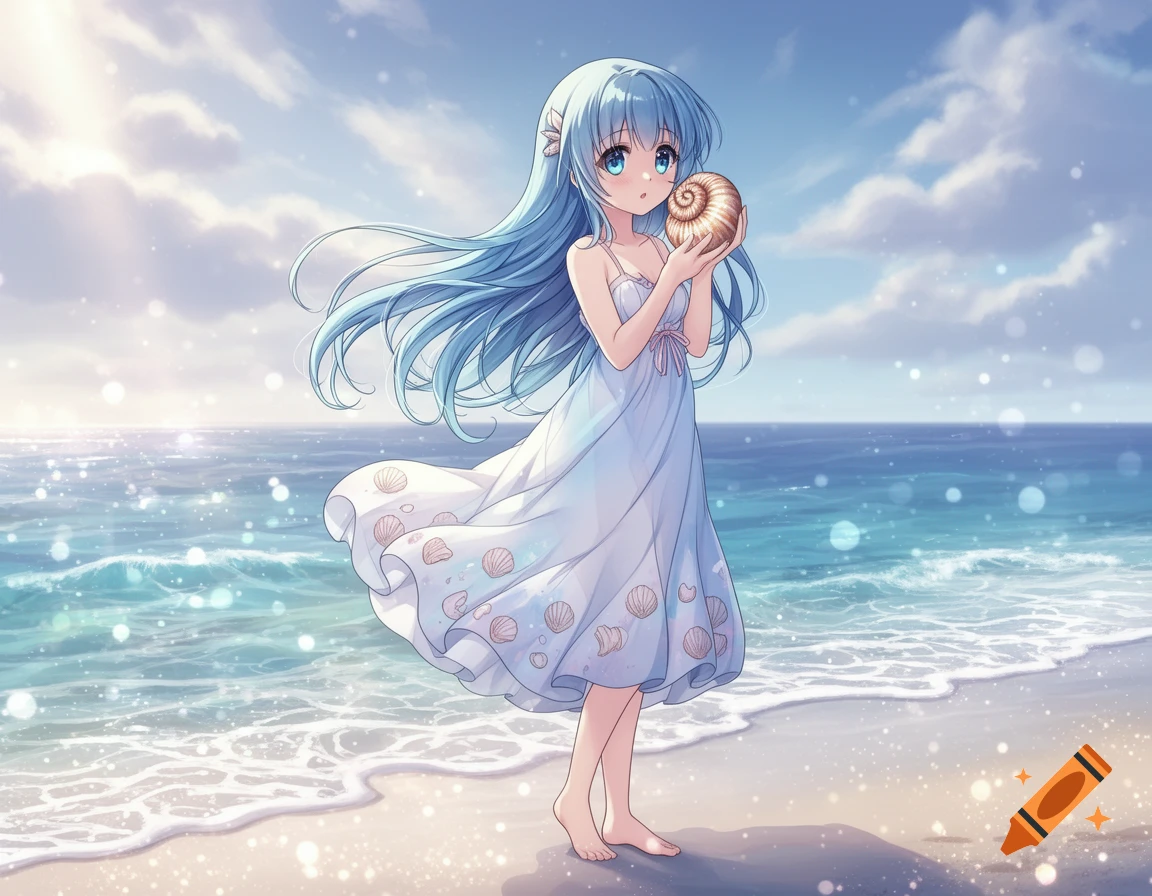 Anime girl with light blue hair holding a large seashell on a sparkling beach with gentle waves.