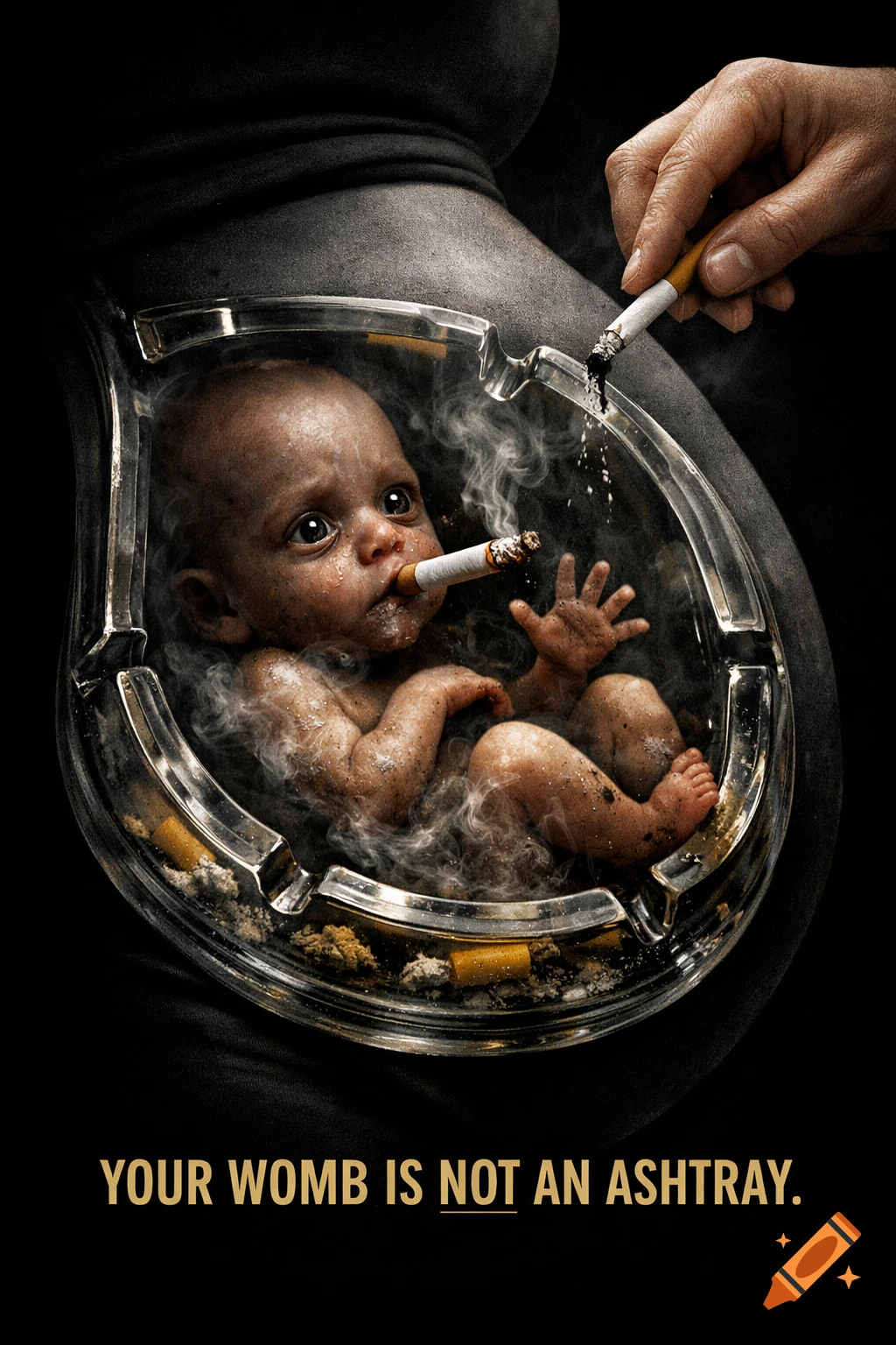 A baby with a cigarette in its mouth, inside a pregnant belly shaped like an ashtray, as an adult taps ash into it. Text: Your womb is not an ashtray.