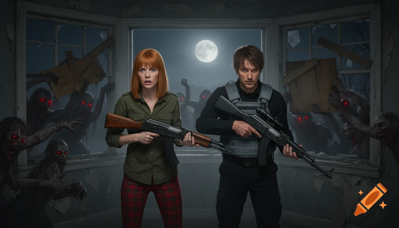 Photorealistic scene of two armed survivors, a woman and a man, defending a dilapidated house from red-eyed zombies under a full moon.