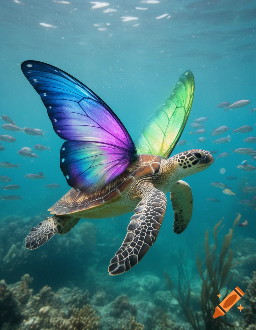 A vibrant sea turtle with iridescent blue, purple, and green butterfly wings swims gracefully among small fish and coral in clear blue water, photorealistic style.
