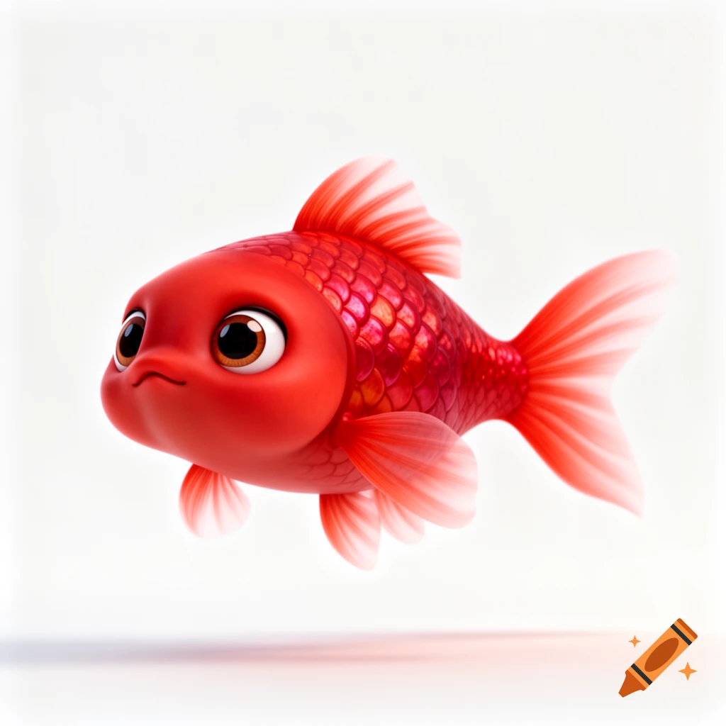 A cute, plump red 3D cartoon goldfish with large eyes and white-tipped fins, on a white background.