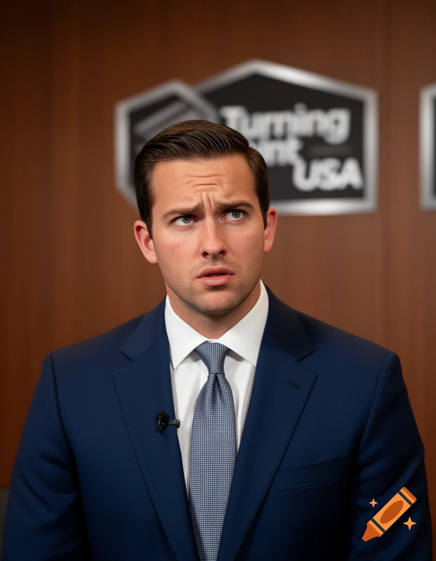 A man in a blue suit and tie looks up with a confused expression. A blurred "Turning Point USA" logo is in the background.