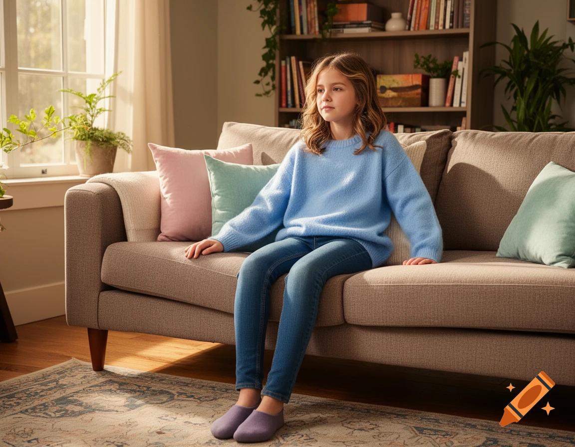 Young girl in a light blue sweater and jeans sitting on a brown sofa with colorful pillows in a sunlit living room.