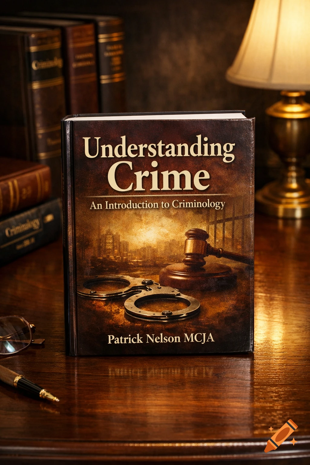 A book titled 'Understanding Crime: An Introduction to Criminology' by Patrick Nelson MCJA, standing on a wooden desk with handcuffs, a gavel, and a lamp.