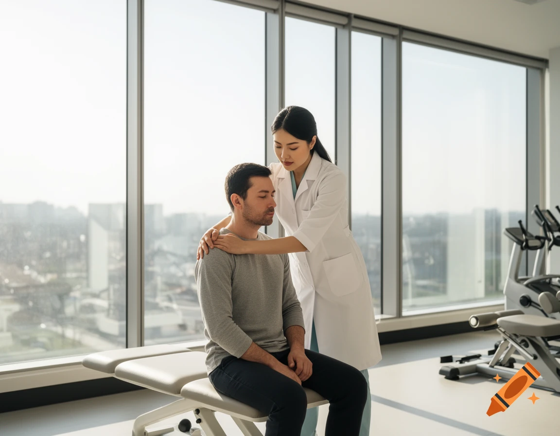A female Asian physical therapist in a white coat treats a male patient's shoulder in a modern clinic with large windows.