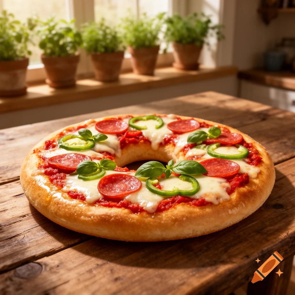 A photorealistic pizza shaped like a donut, topped with pepperoni, green peppers, melted cheese, and fresh basil, on a wooden table.